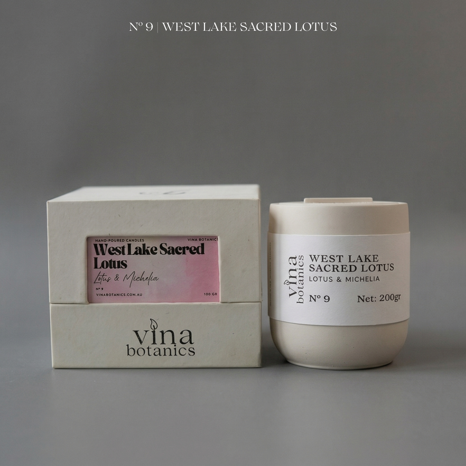 Vina Botanics West Lake Sacred Lotus candle and packaging on a gray background