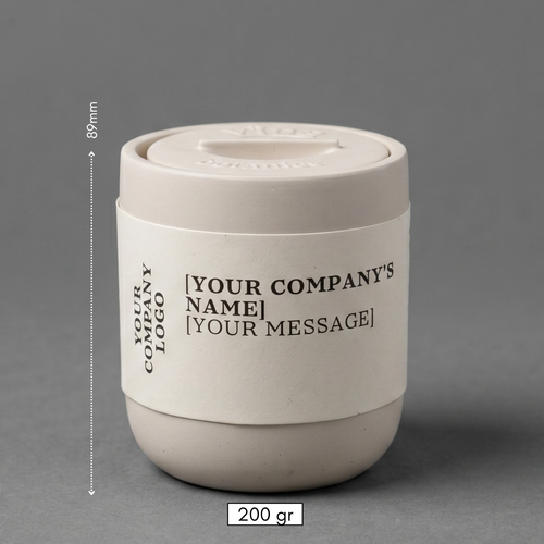 Beige ceramic container with customizable text on a gray background
