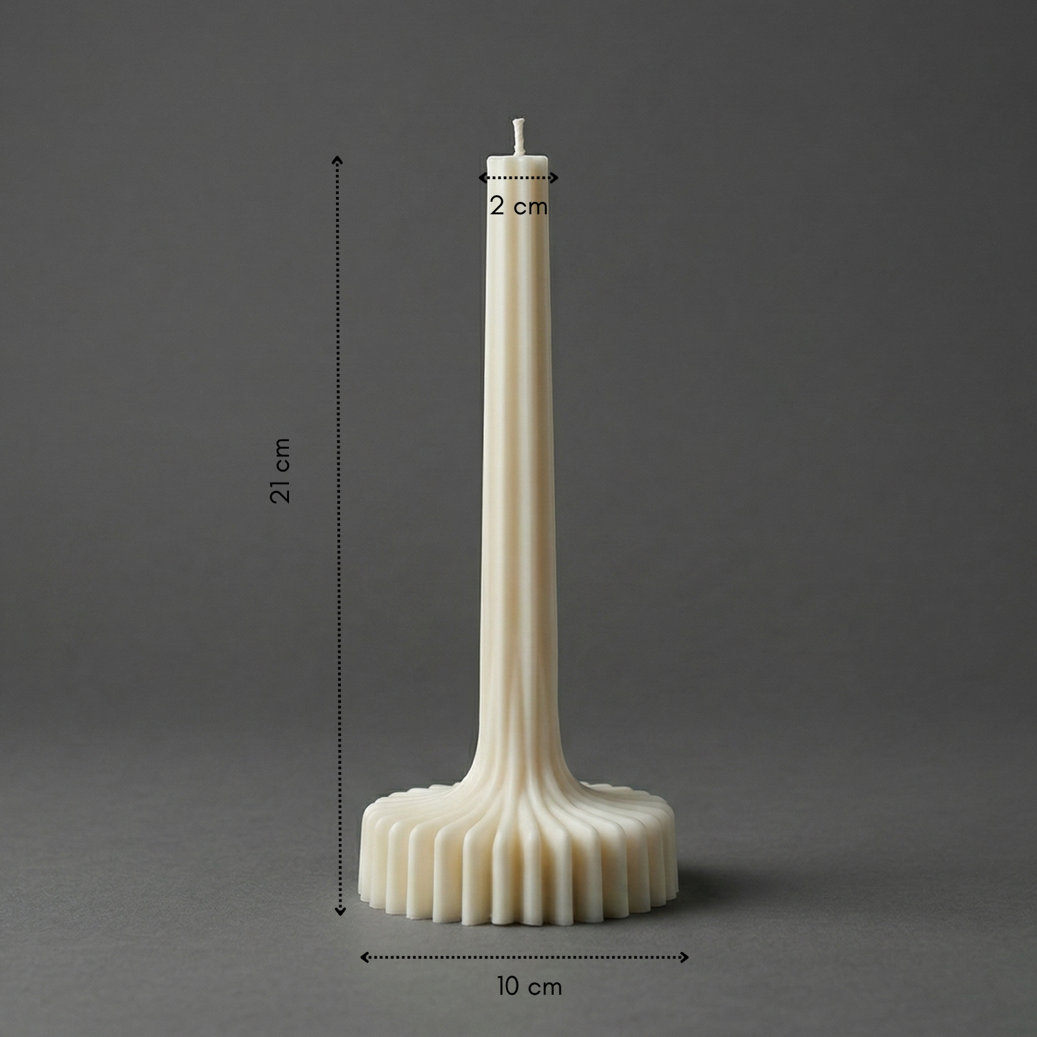 White candle holder with measurements on a gray background