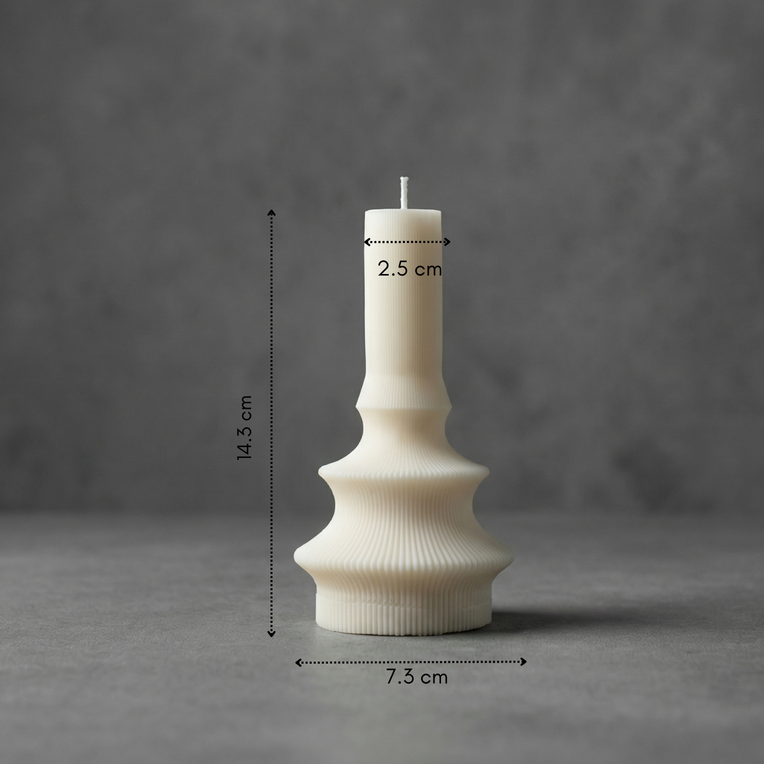 White textured candle holder with dimensions on a gray background