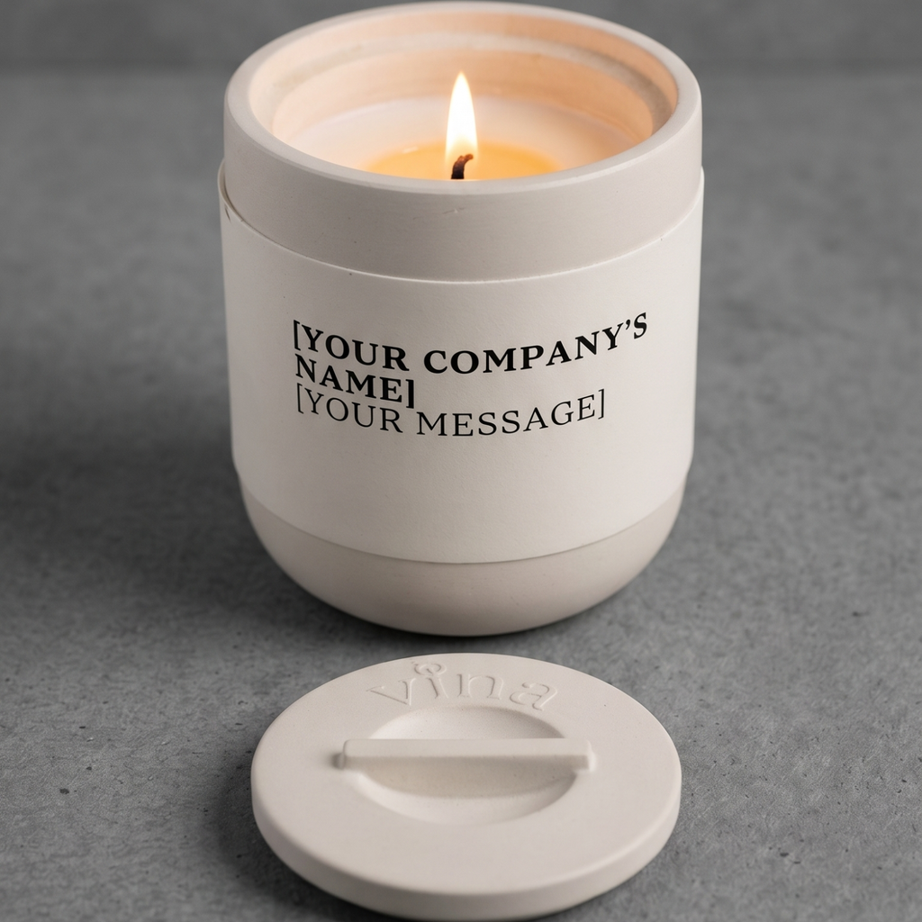 White candle jar with a lit candle inside on a gray background