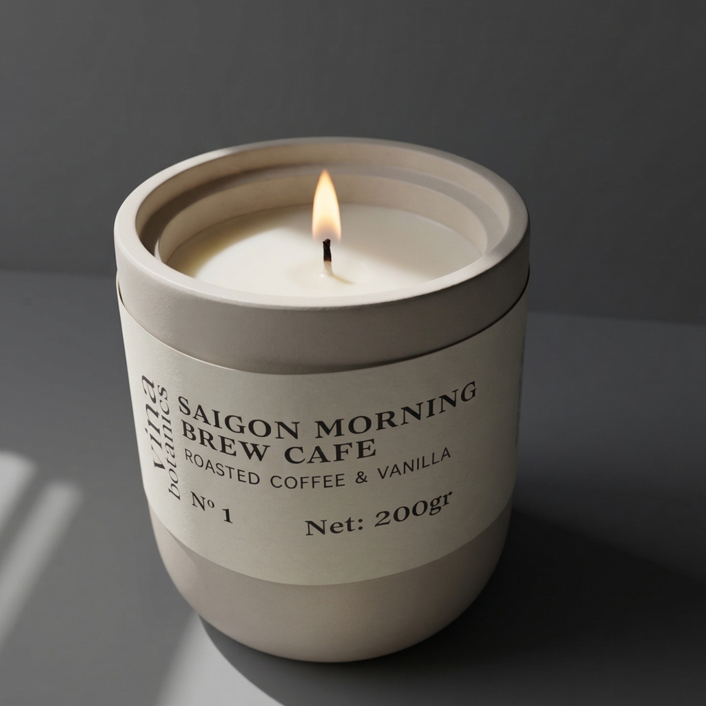 Candle in a white container labeled 'Saigon Morning Brew Cafe' on a dark background