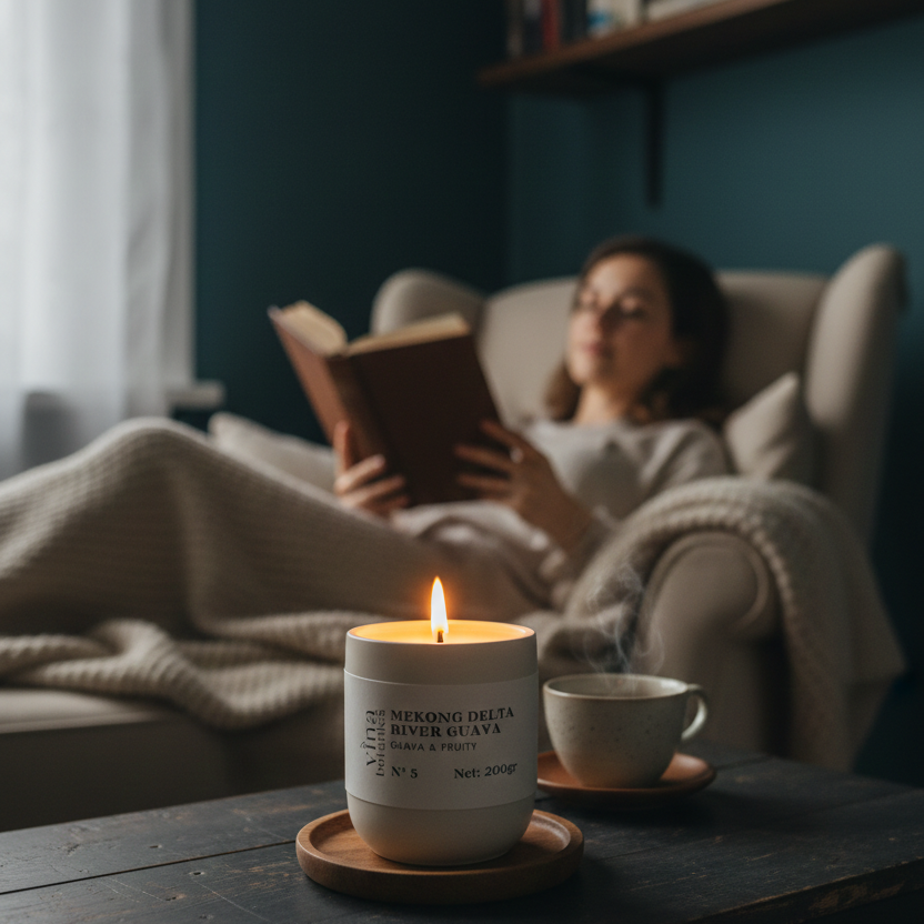 Woman reading a book on a couch with a lit candle and cup of coffee on a table in front of her.